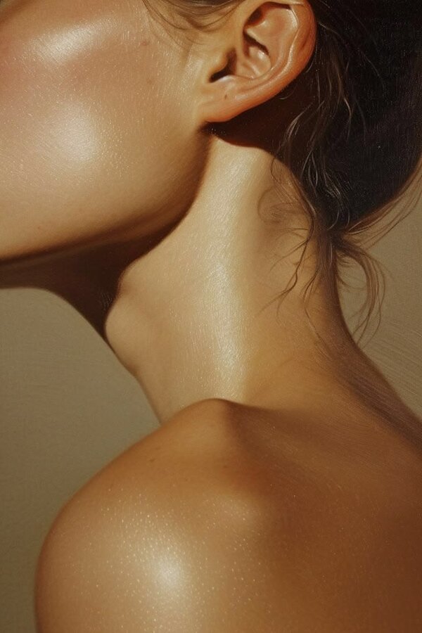 Close-up of a woman's neck and ear, soft natural light on smooth skin