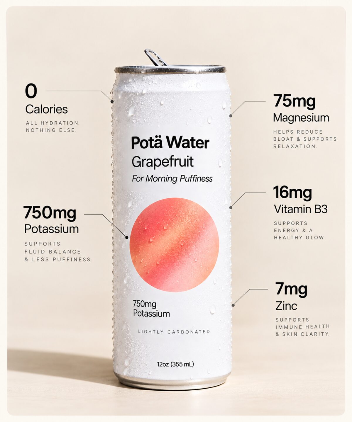 Pota Water can with labeled electrolytes: potassium, magnesium, vitamin B3, and zinc